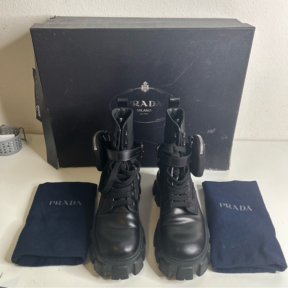 Prada Black Monolith Leather and Re-Nylon Pouch Combat Boots Size 6 - Picture 4 of 16